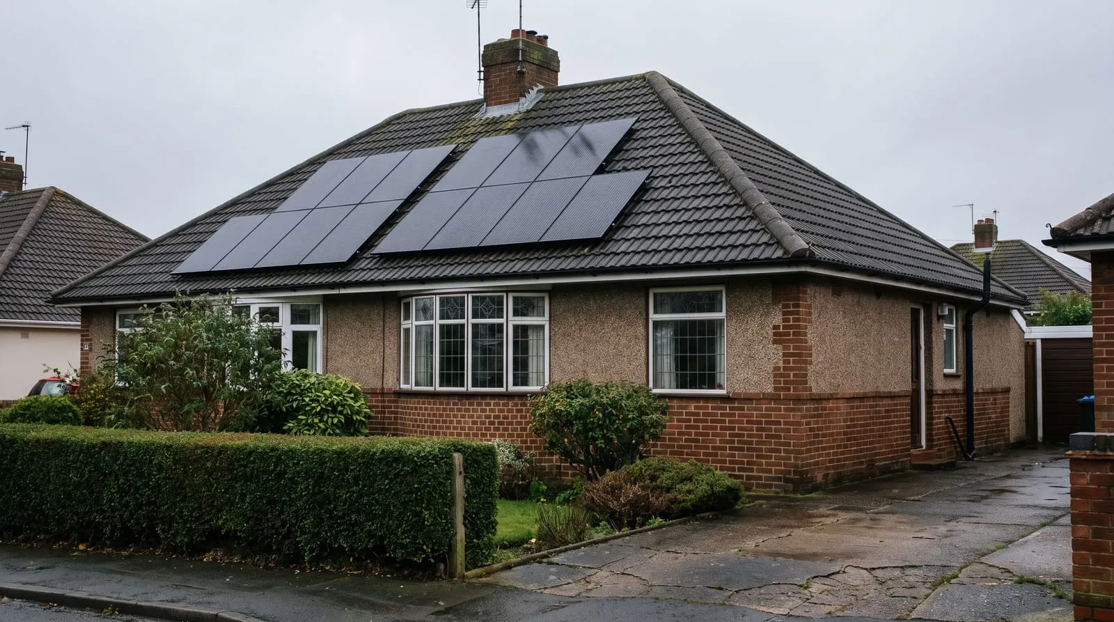 A 1930s semi-detached house with a hipped tile roof and solar panels