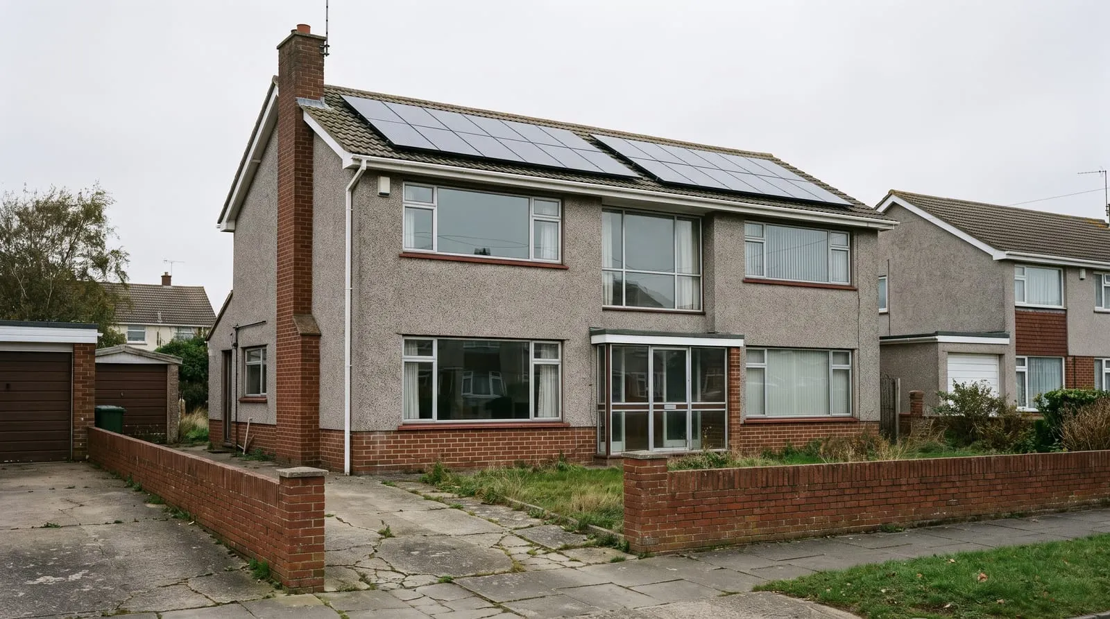 A 1960s or 70s pebbledash house with solar panels on the roof