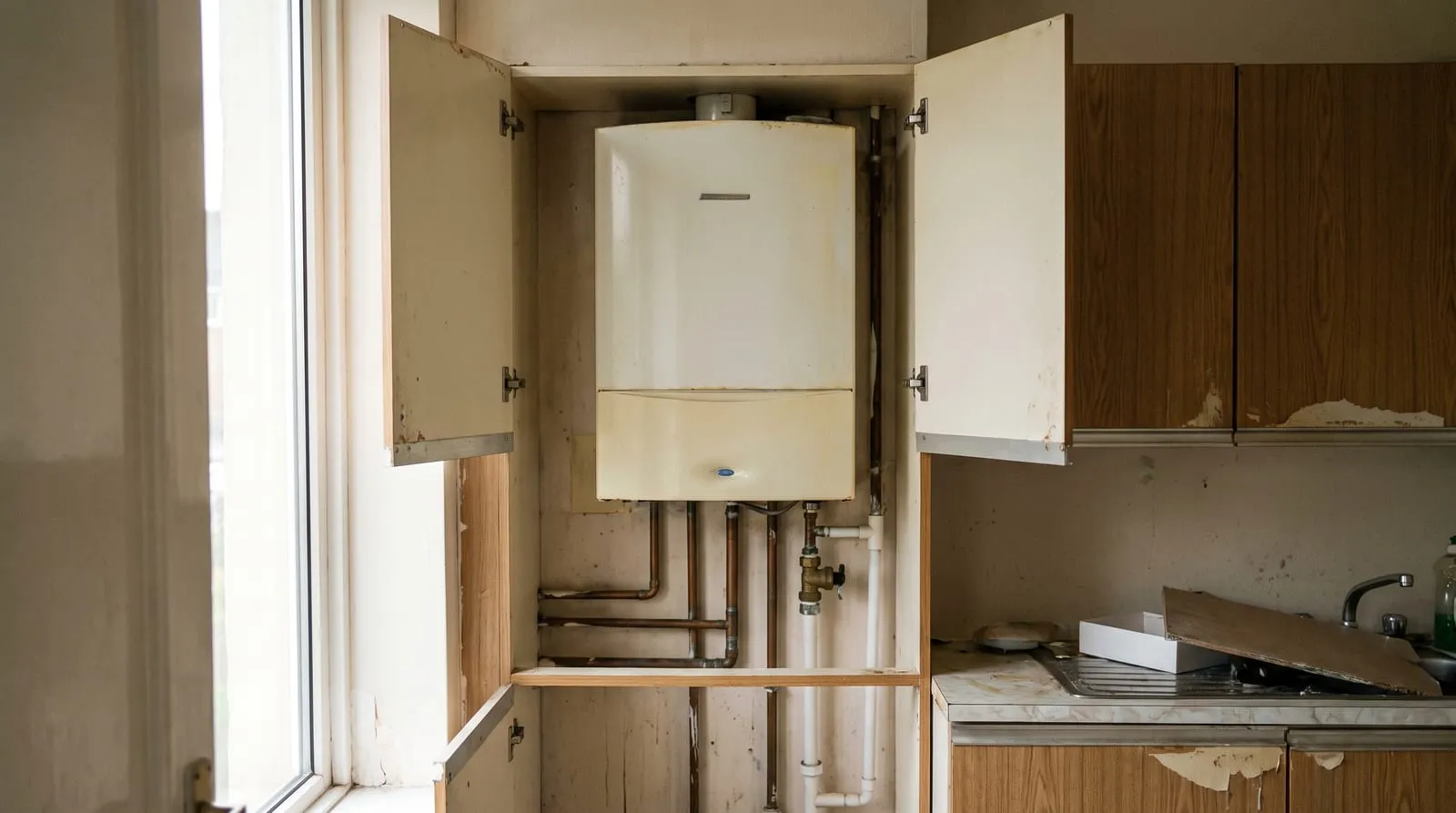 An old gas boiler inside a kitchen cupboard