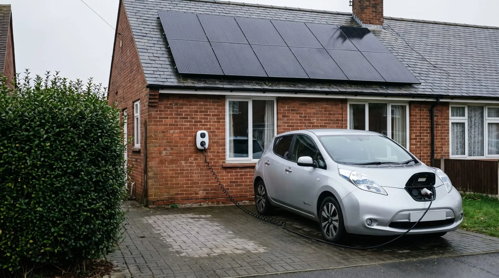 An electric car charging on the drive of a bungalow with solar panels