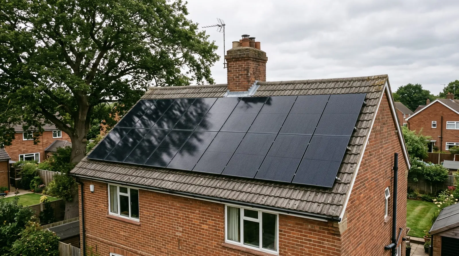 Solar panels on a house roof beside a large tree
