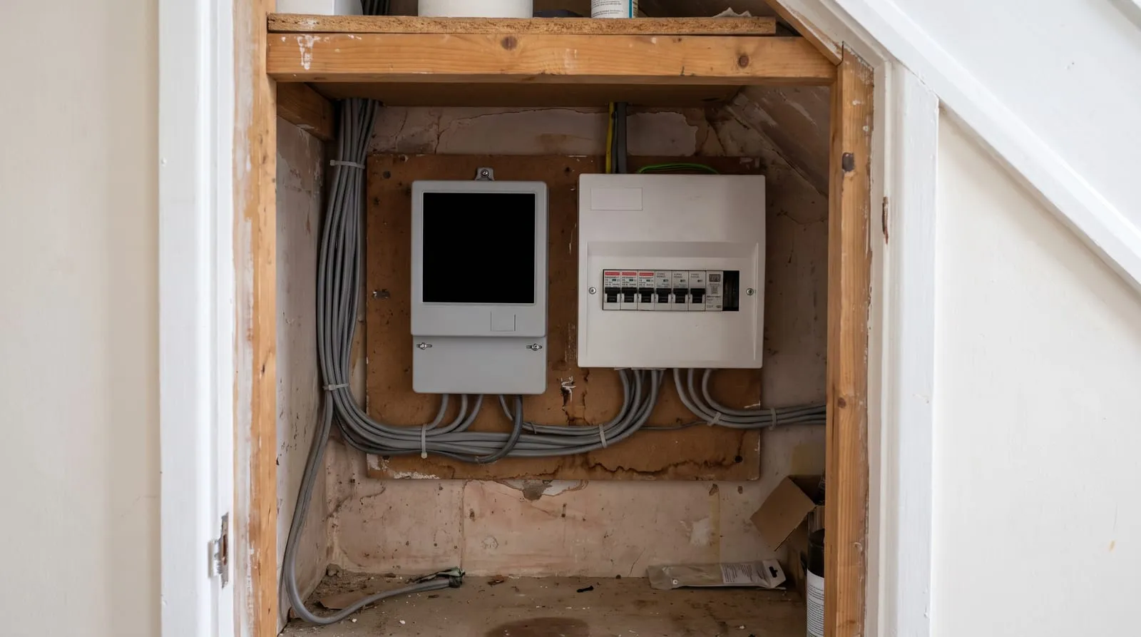 An electricity meter and consumer unit in an understairs cupboard