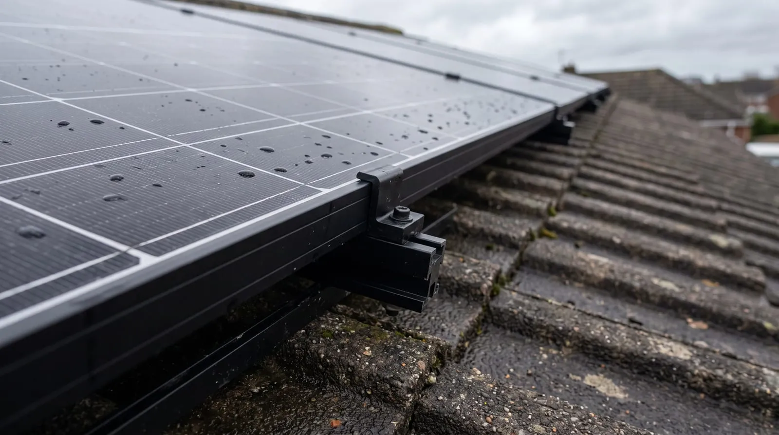 Close-up of a solar panel frame and mounting rail on a tiled roof