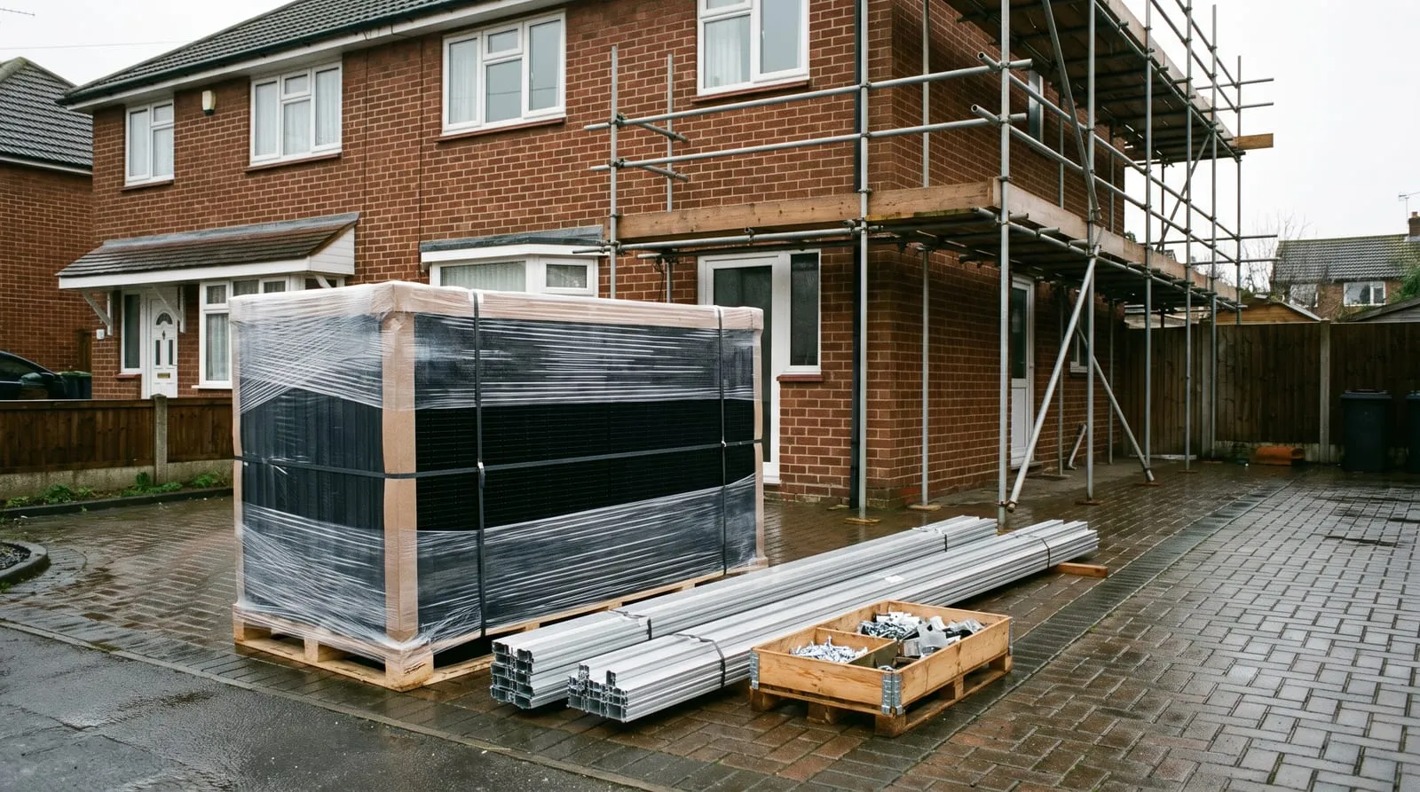 Solar panels on a pallet outside a house under scaffolding