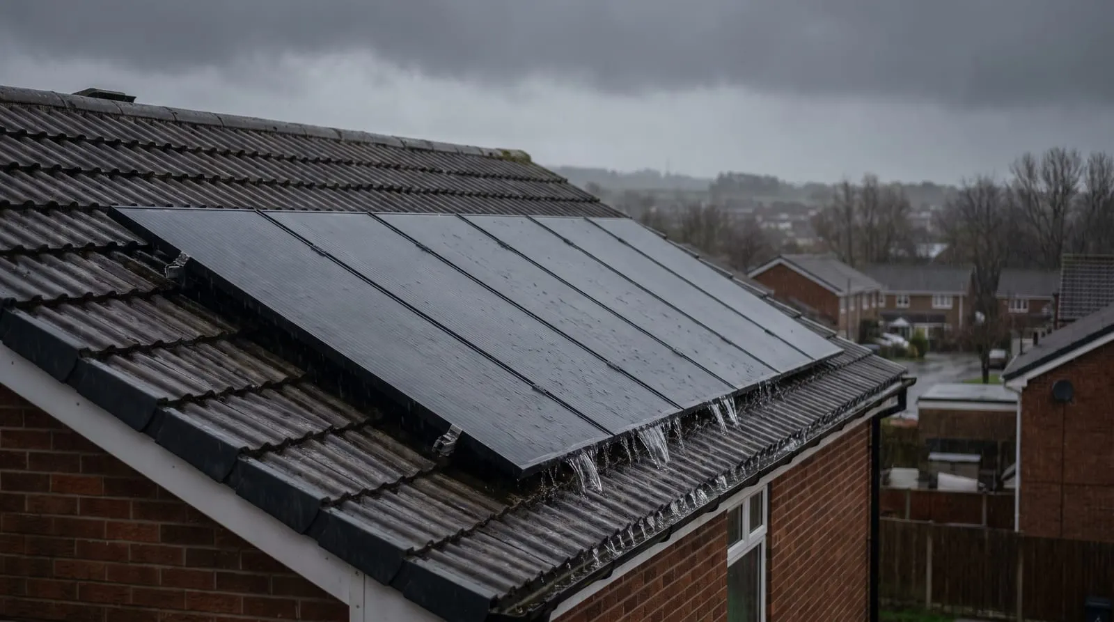 Solar panels on a tiled roof under a grey, overcast sky