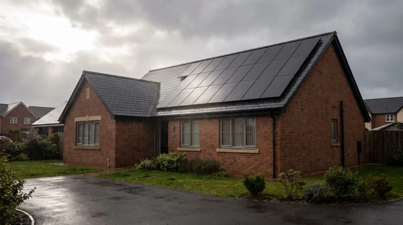 A brick bungalow with solar panels on the roof